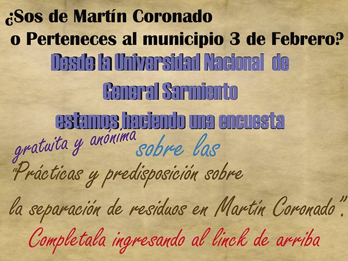 La Universidad de Gral Sarmiento realiza una encuesta anónima a vecinos de Martín Coronado. Sumate